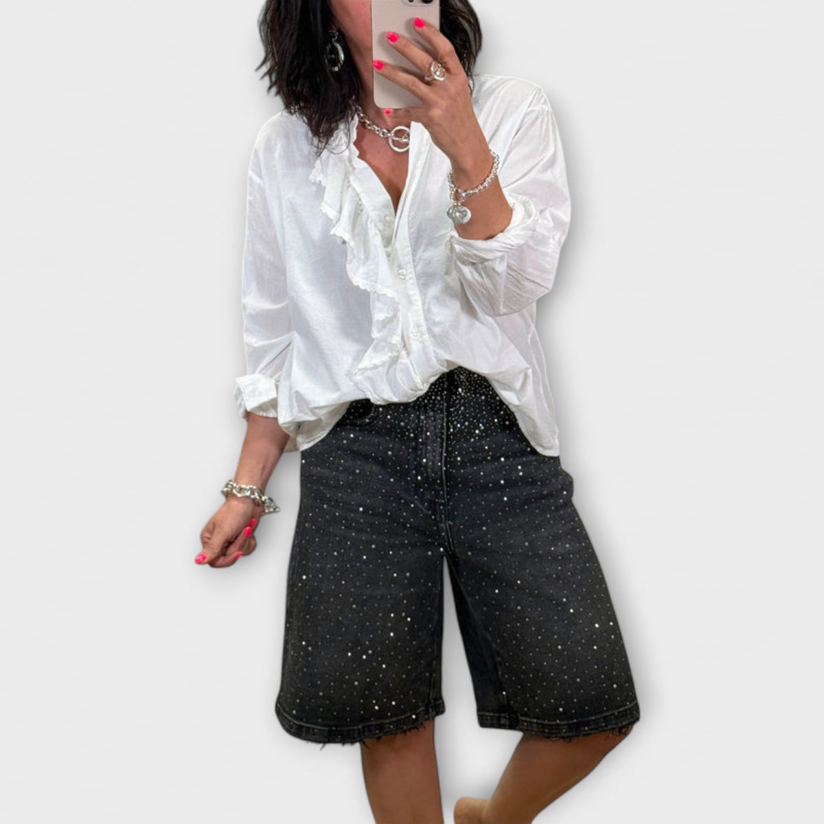 Bermudashorts Damen Denim Strassverzierung Knielang – Amaris