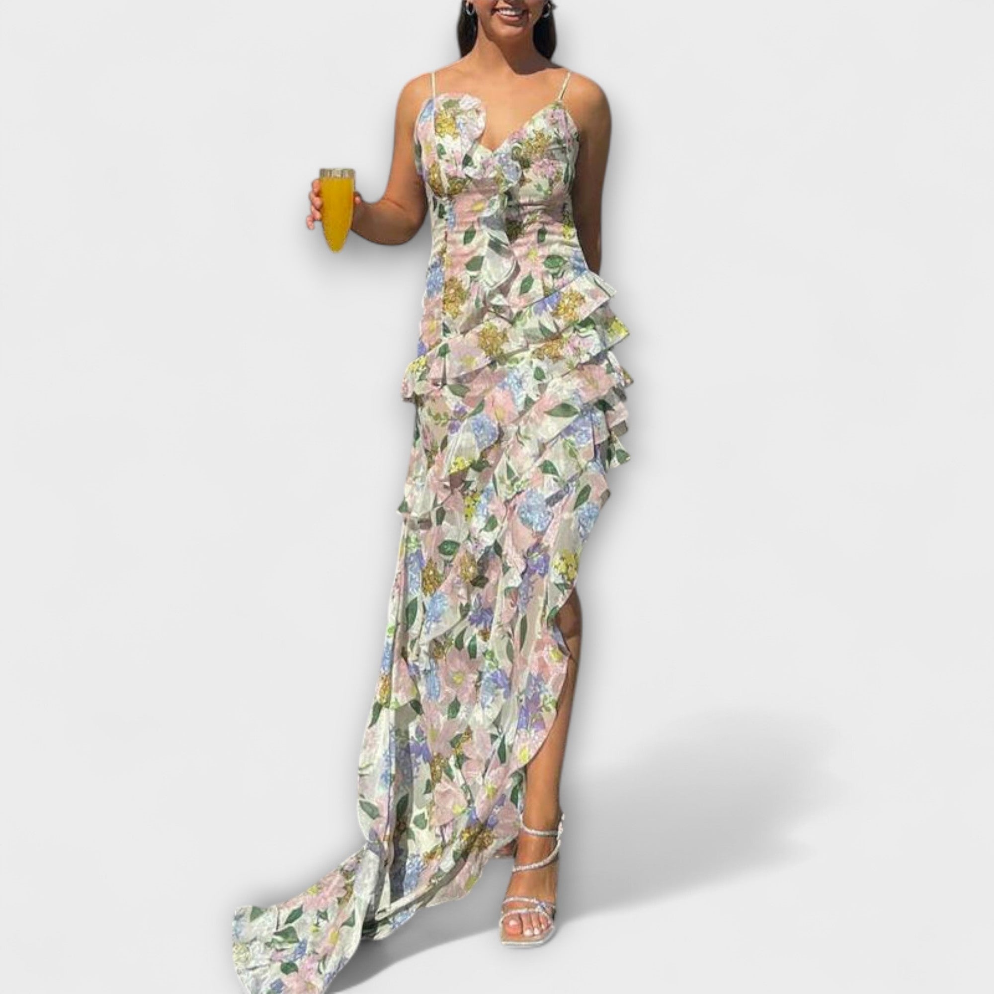 Maxikleid Damen Gestufte Rüschen Schmale Träger – Indie