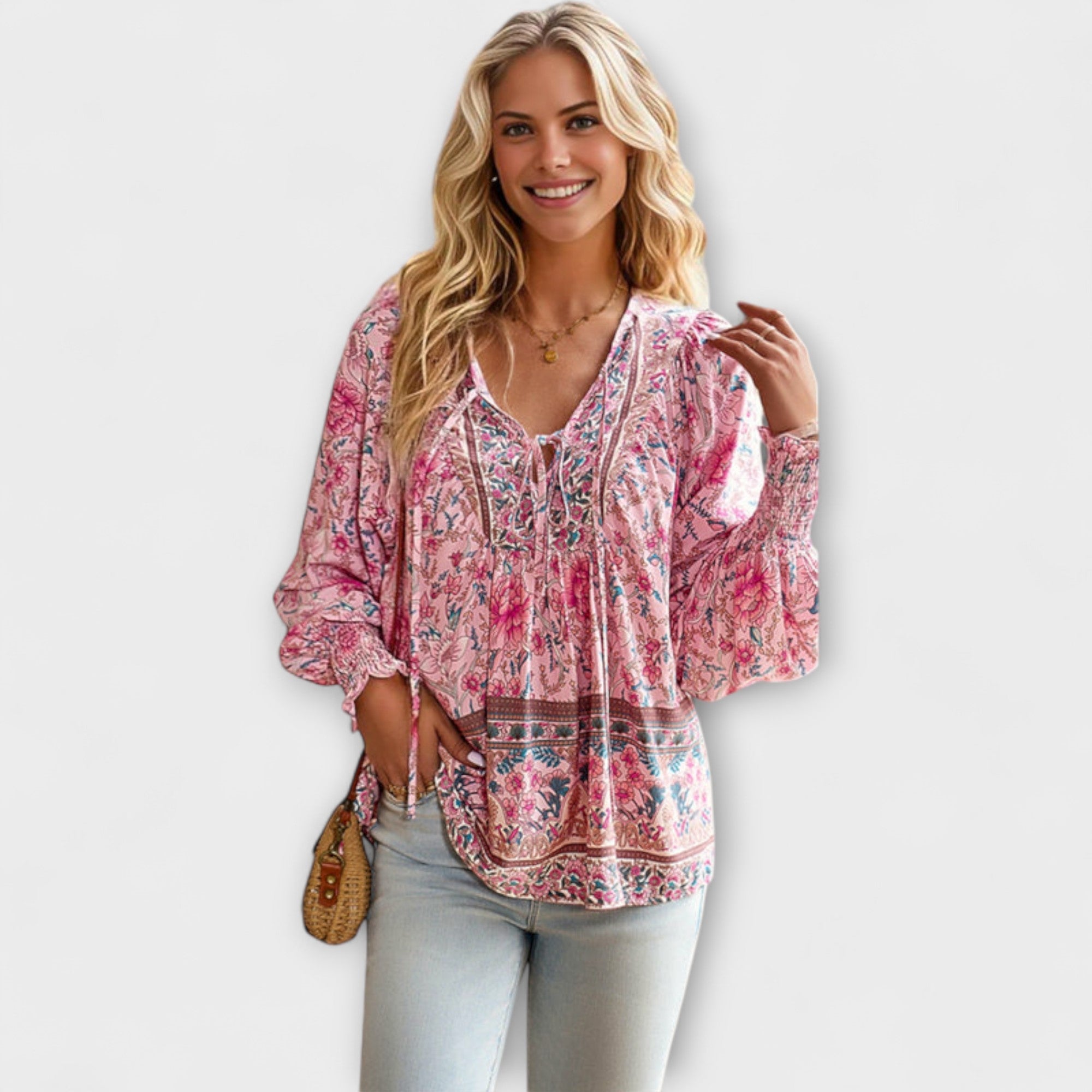 Bluse Damen V-Ausschnitt Bindefront Boho Marineblau Grün Pink – Melodie