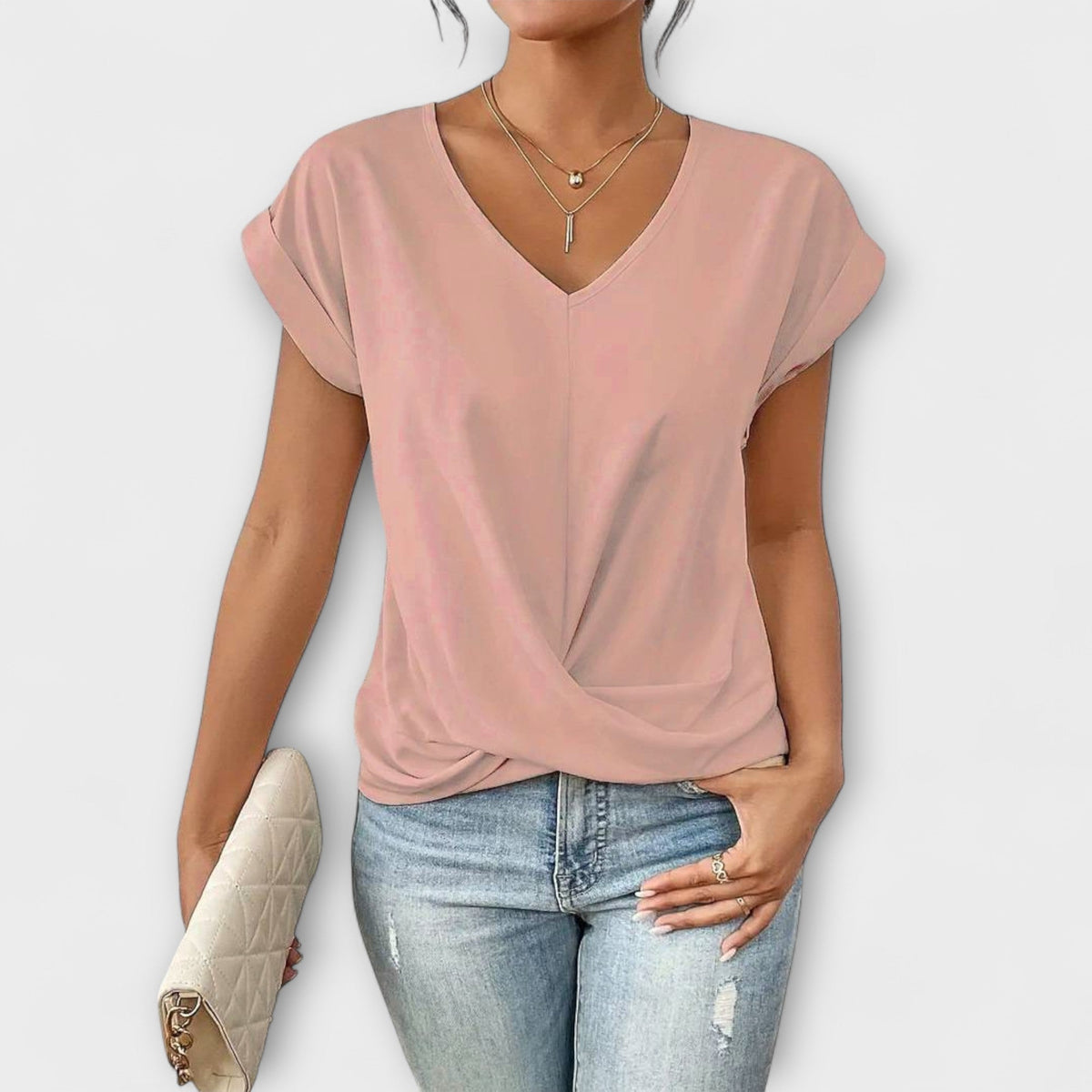 Bluse Damen V-Ausschnitt Knopfdetail Rosa Schwarz Rot Blau – Eloise