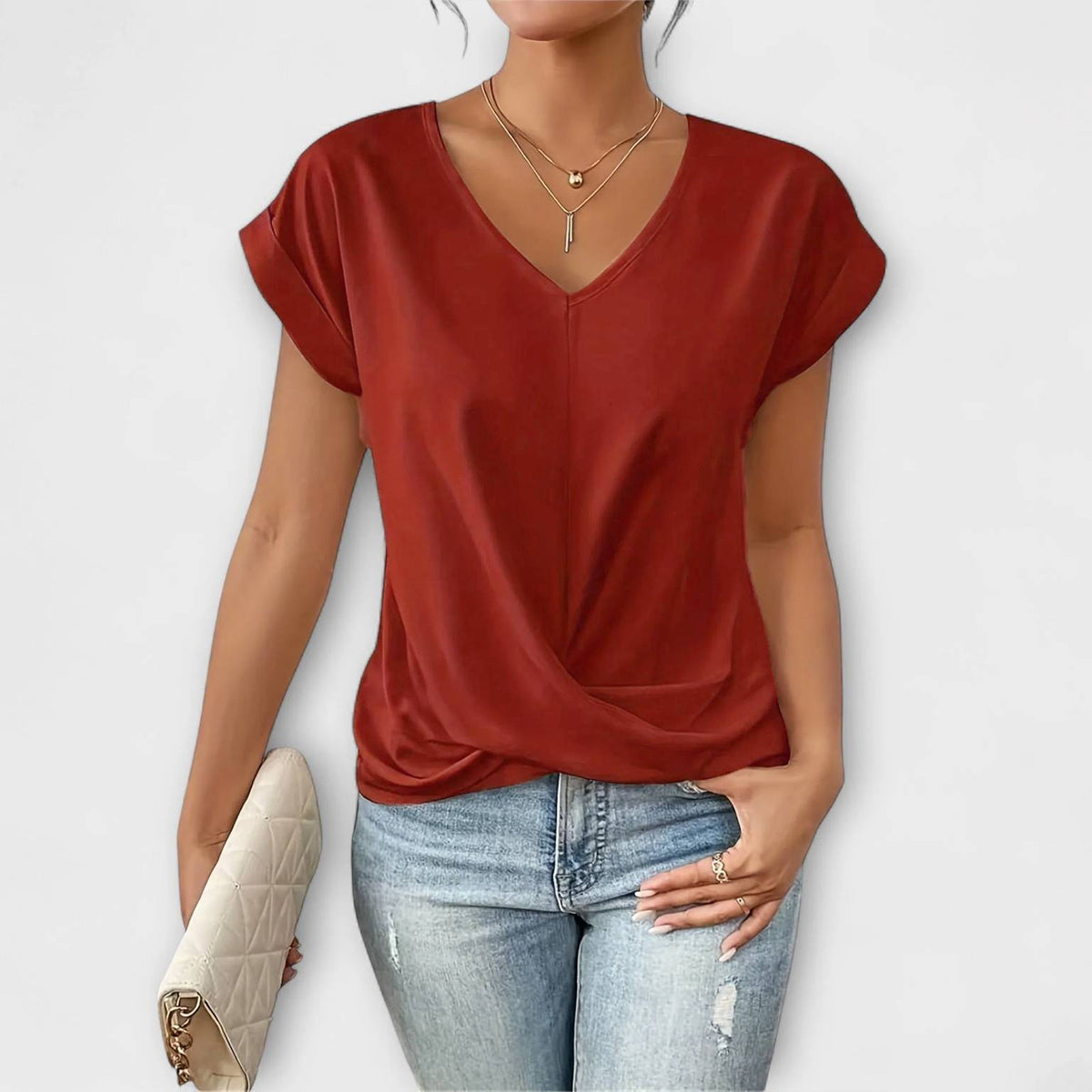 Bluse Damen V-Ausschnitt Knopfdetail Rosa Schwarz Rot Blau – Eloise