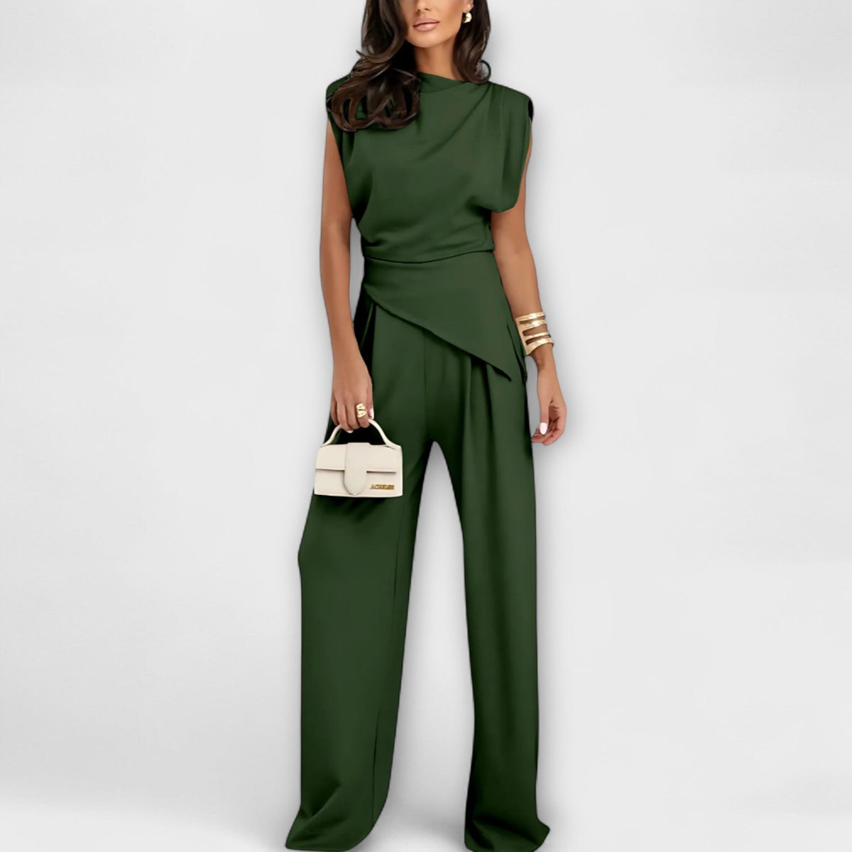 Zweiteiler Damen Asymmetrisches Top Weite Hose Braun Grau Grün – Sofia