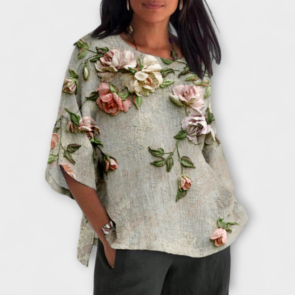 Top Damen Blumenmuster Fledermausärmel runder Ausschnitt – Amelia