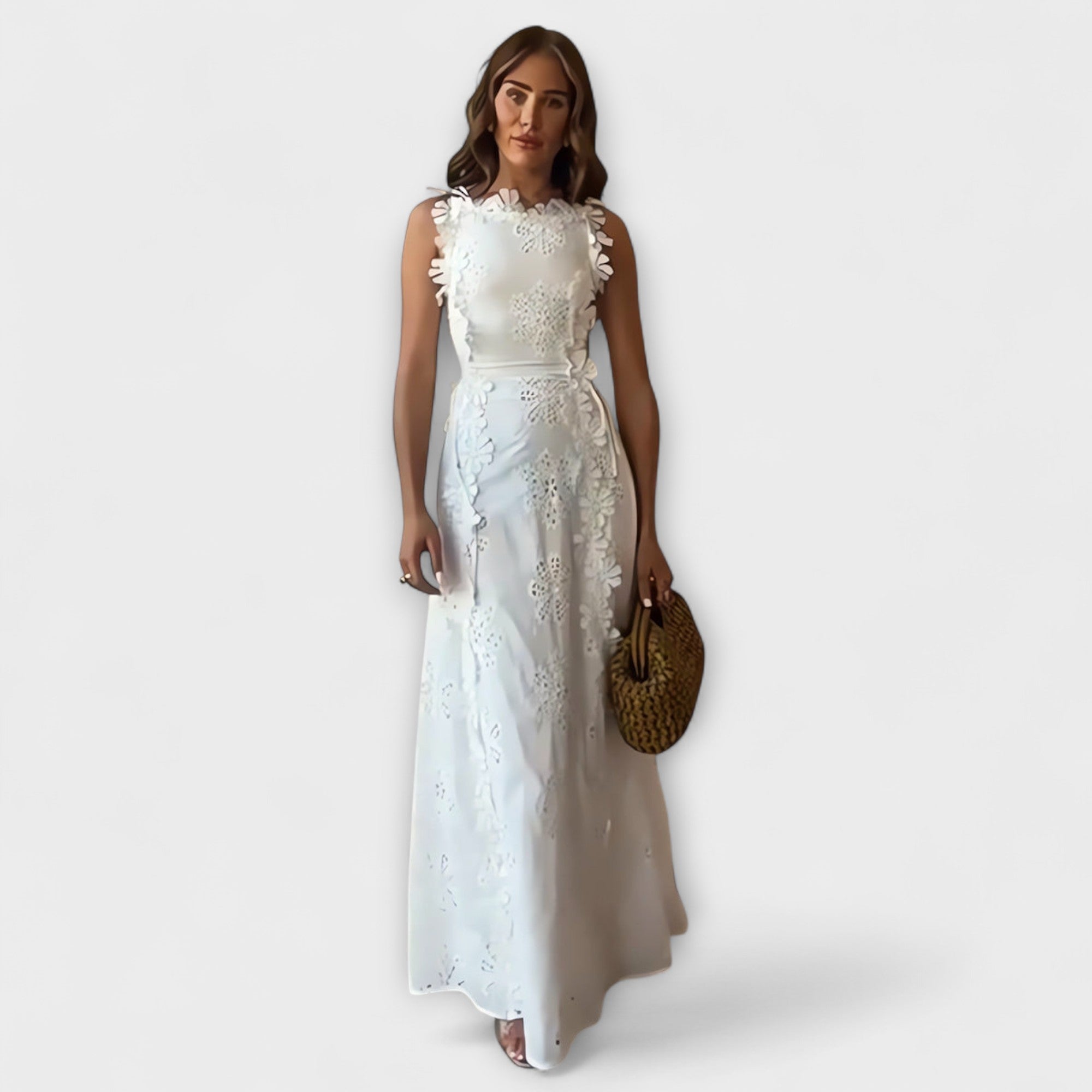 Éliora – Maxikleid mit Spitzenblumenmuster und Bindegurten