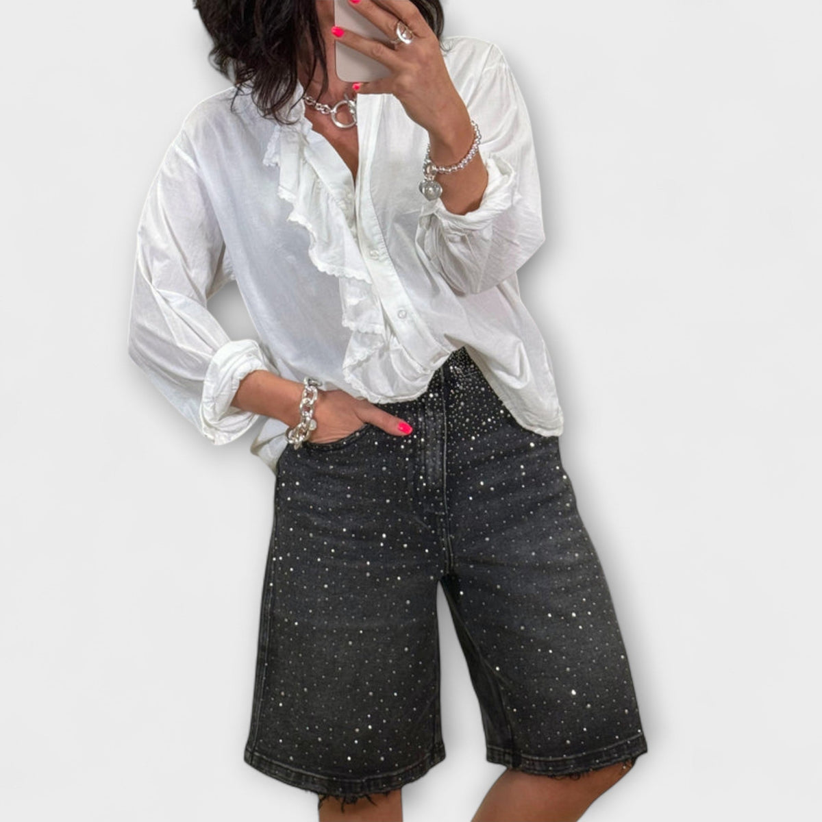 Bermudashorts Damen Denim Strassverzierung Knielang – Amaris