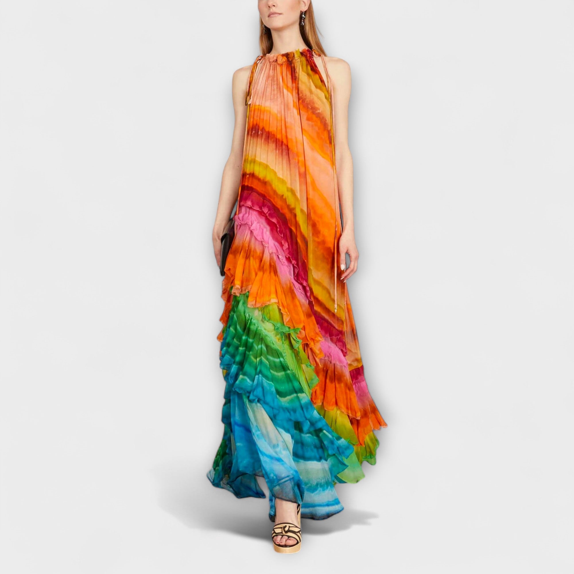 Maxikleid Damen Rüschen Batikmuster Georgette Crêpe – Iris