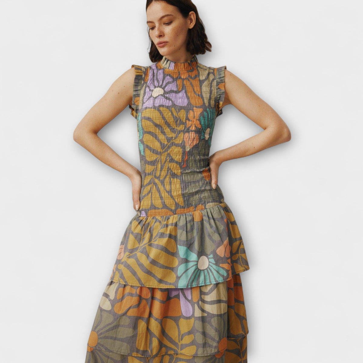 Mehrfarbiges Botanisches Midi Kleid