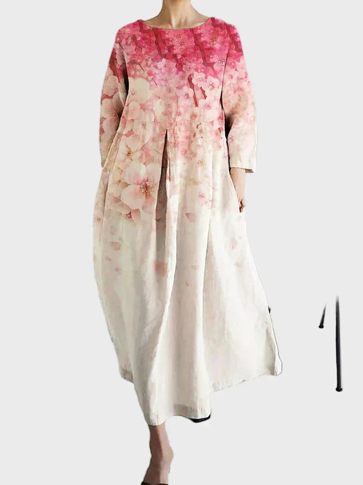 Kleid Damen Farbverlauf Blumenmuster Rosa Creme Weiter Schnitt