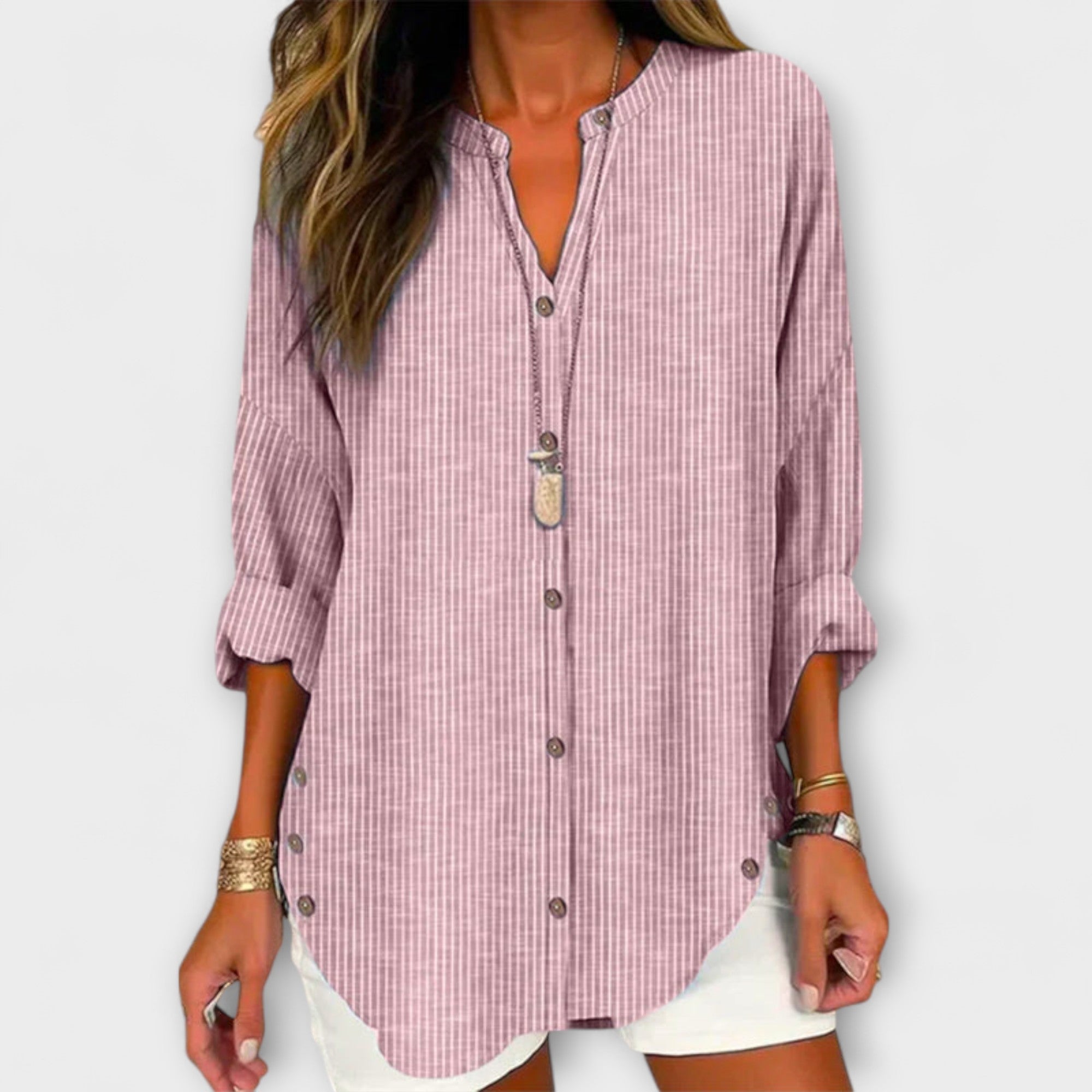 Bluse Damen V-Ausschnitt Streifenmuster Blau Hellrosa Grau – Lucida