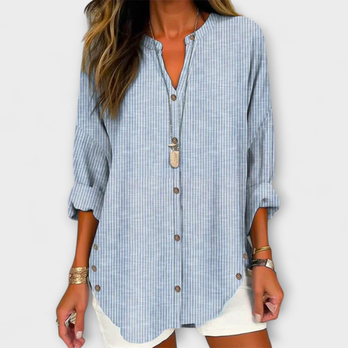 Bluse Damen V-Ausschnitt Streifenmuster Blau Hellrosa Grau – Lucida