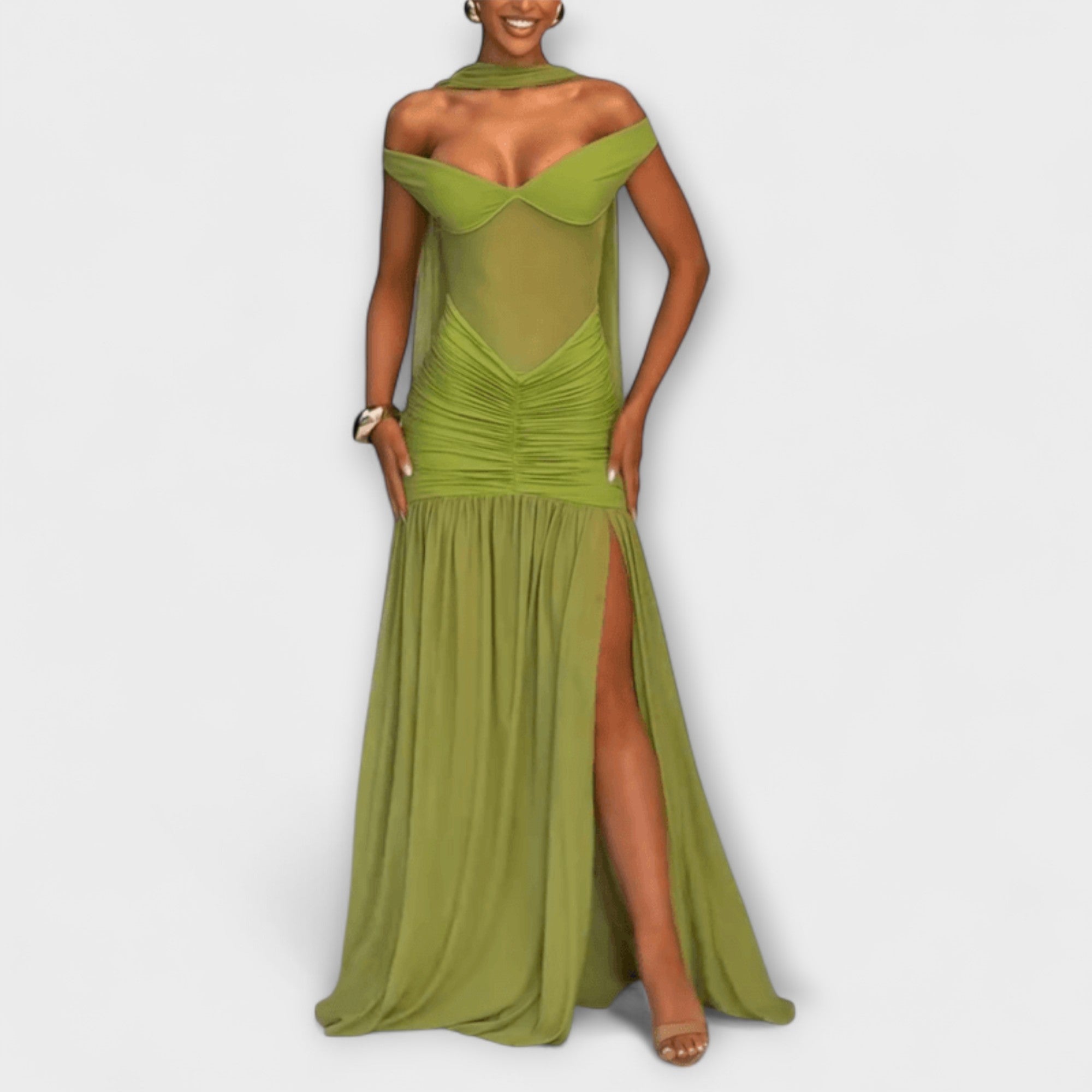 Nicole - Olivfarbenes V-Ausschnitt Maxikleid