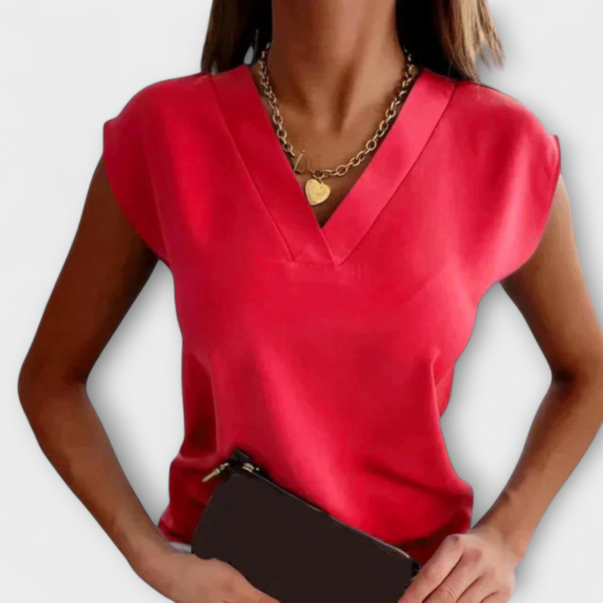 Sommertop Damen V-Ausschnitt Lockerer Schnitt Kurzarm Khaki Blau Rot – Melanie