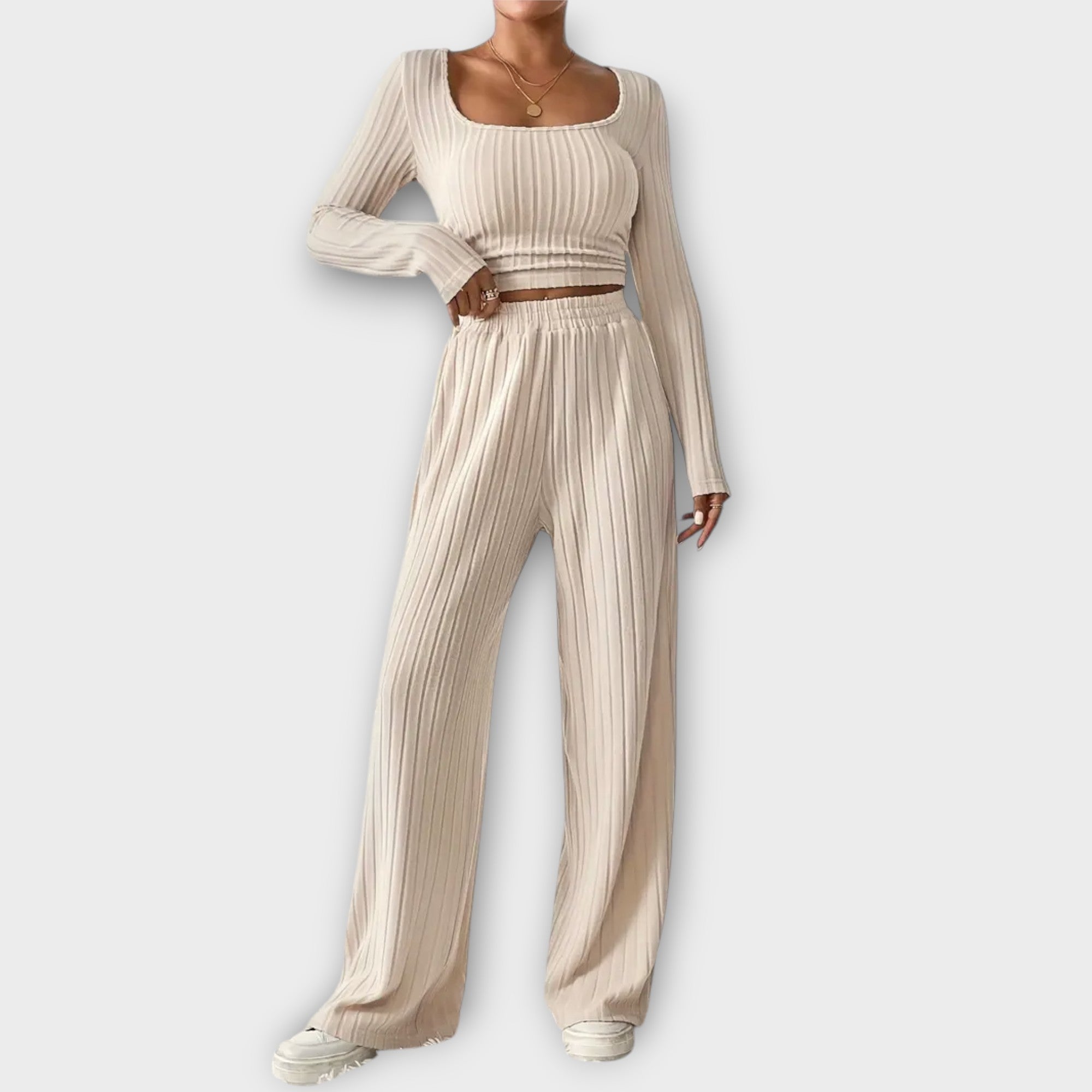 Zweiteiler Damen Herbst und Winter Strick Beige Grau Oliv – Sophia