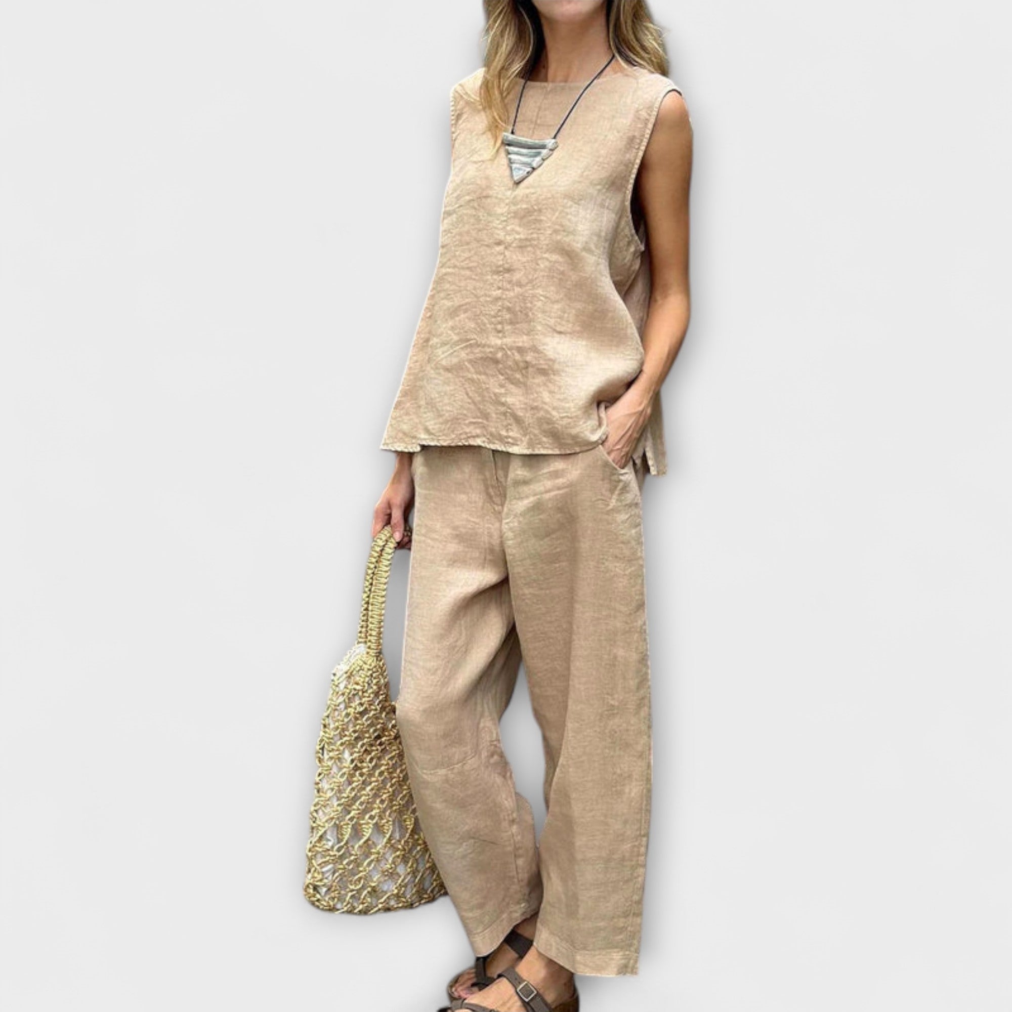 Zweiteiler Damen Baumwoll-Leinen Ärmelloses Top und Hose Khaki Grün – Jennifer