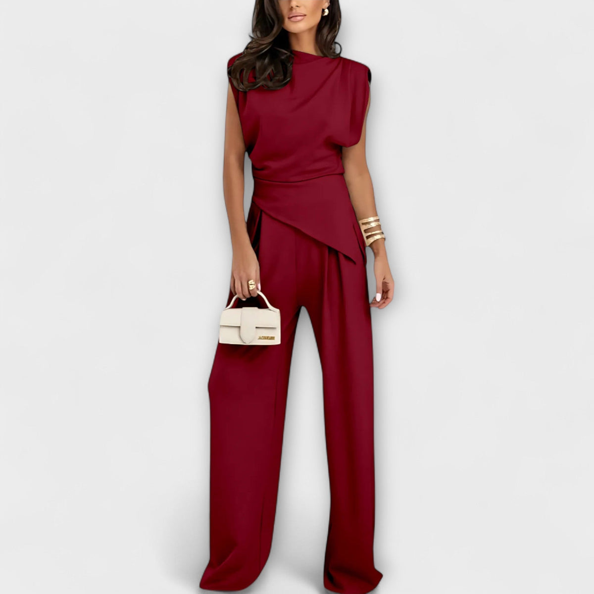 Zweiteiler Damen Asymmetrisches Top Weite Hose Braun Grau Grün – Sofia