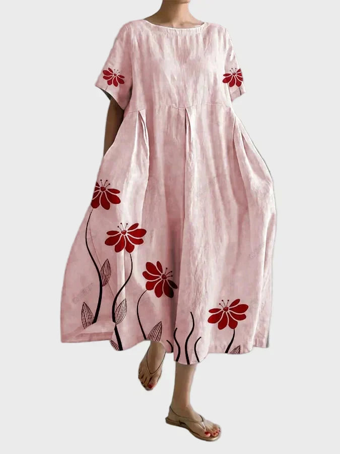 Midikleid Damen Blumenmuster Weiter Schnitt Rosa Weiss