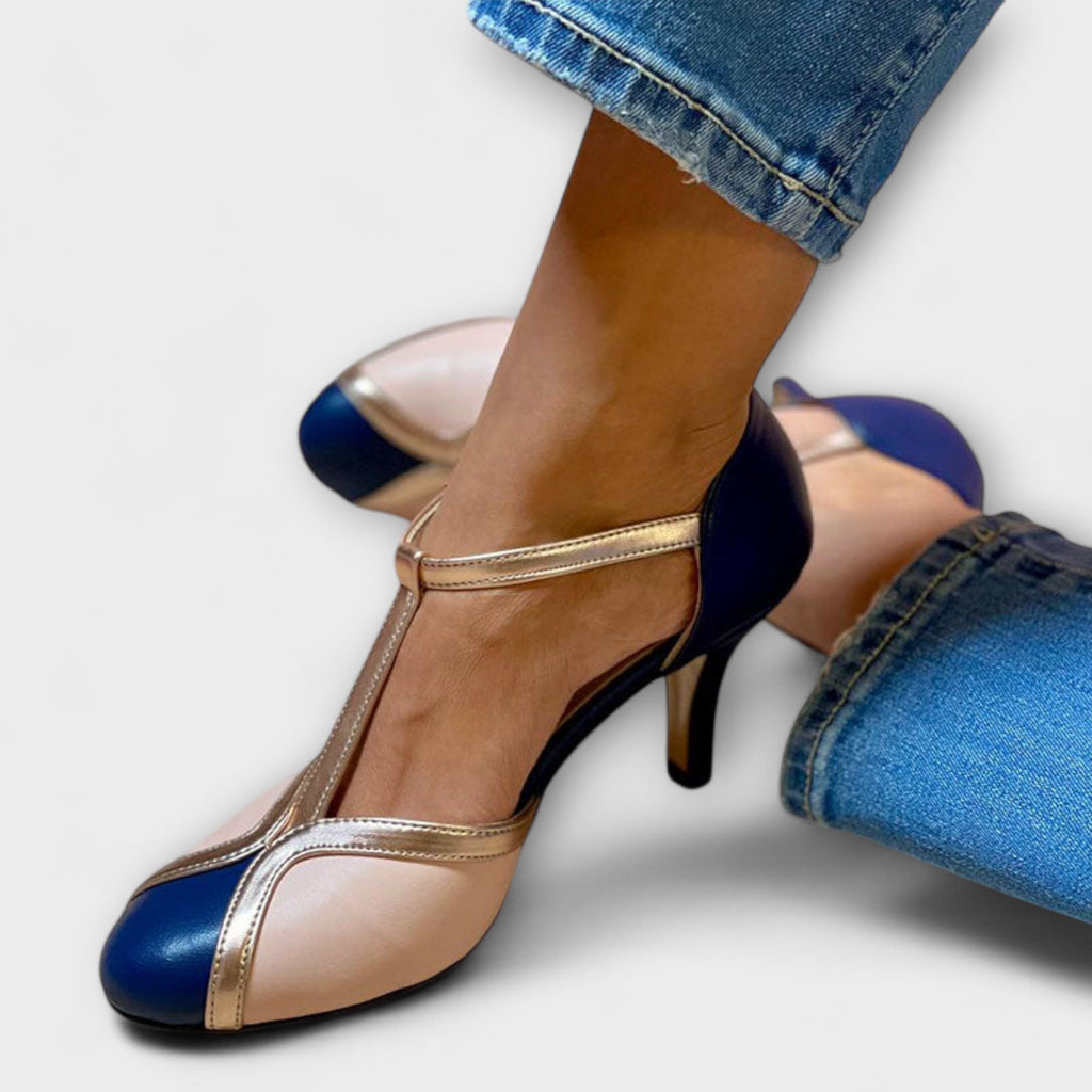 Pumps Damen T-Steg zweifarbig Marineblau Roségold Kunstleder – Alessia