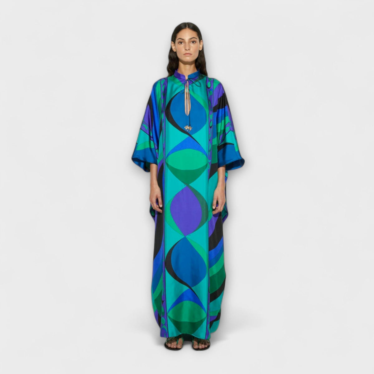Maxikleid Damen Kaftan Satin Wirbelmuster Fliessende Silhouette – Harper