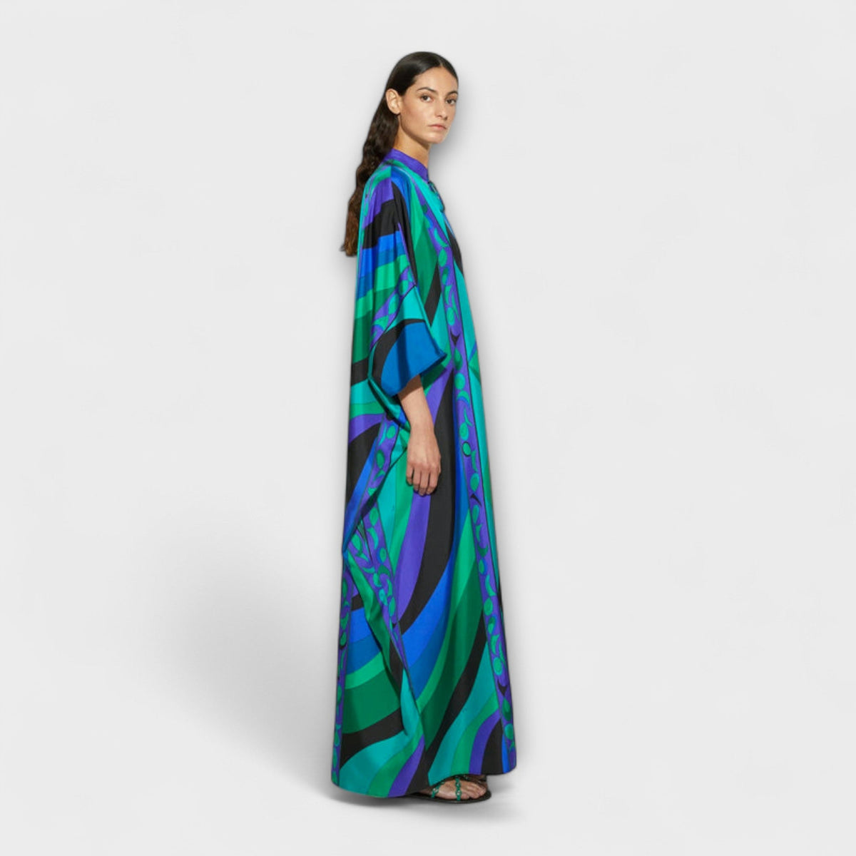 Maxikleid Damen Kaftan Satin Wirbelmuster Fliessende Silhouette – Harper