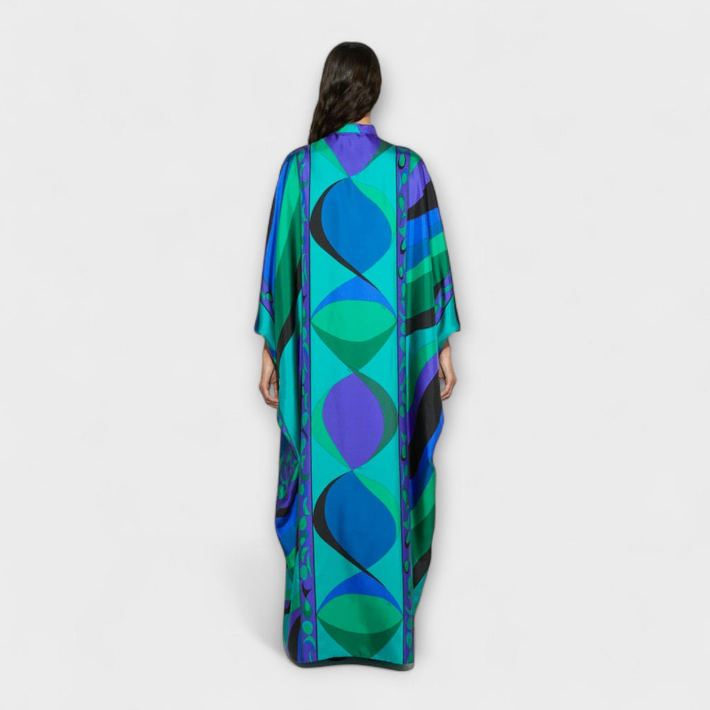 Maxikleid Damen Kaftan Satin Wirbelmuster Fliessende Silhouette – Harper
