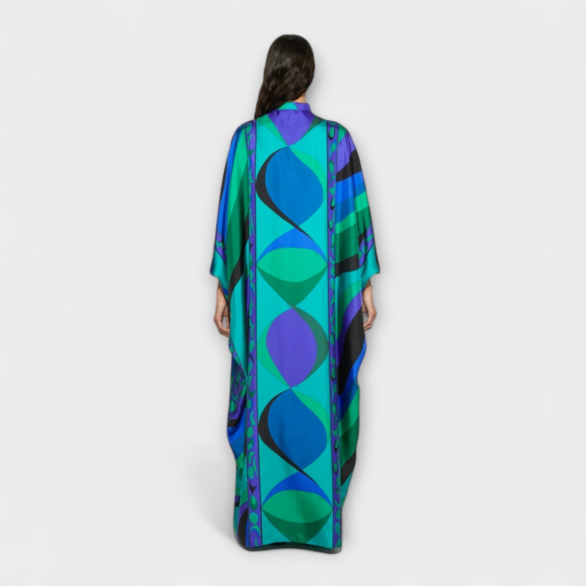Maxikleid Damen Kaftan Satin Wirbelmuster Fliessende Silhouette – Harper