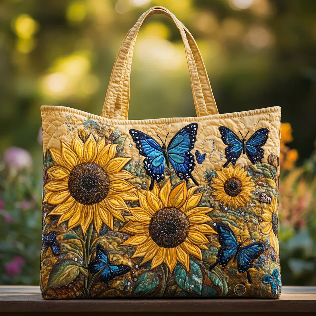 Gesteppte Tasche - Sonnenblume und blauer Schmetterling