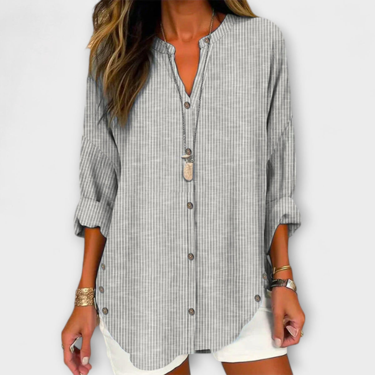Bluse Damen V-Ausschnitt Streifenmuster Blau Hellrosa Grau – Lucida