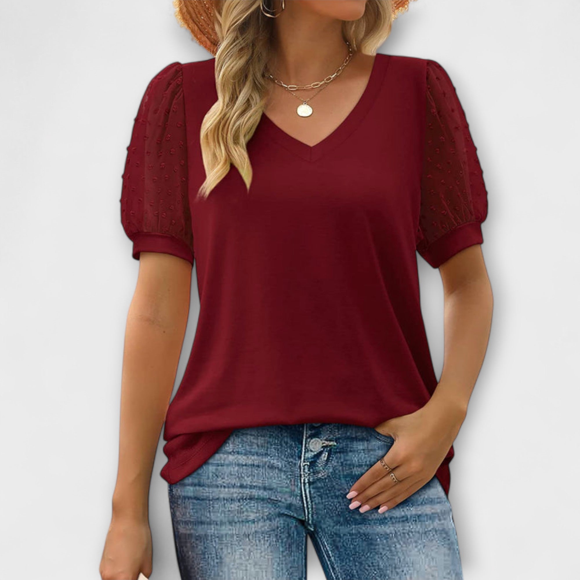 Bluse Damen V-Ausschnitt Transparente Ärmel Schwarz Weiss Grün – Rema