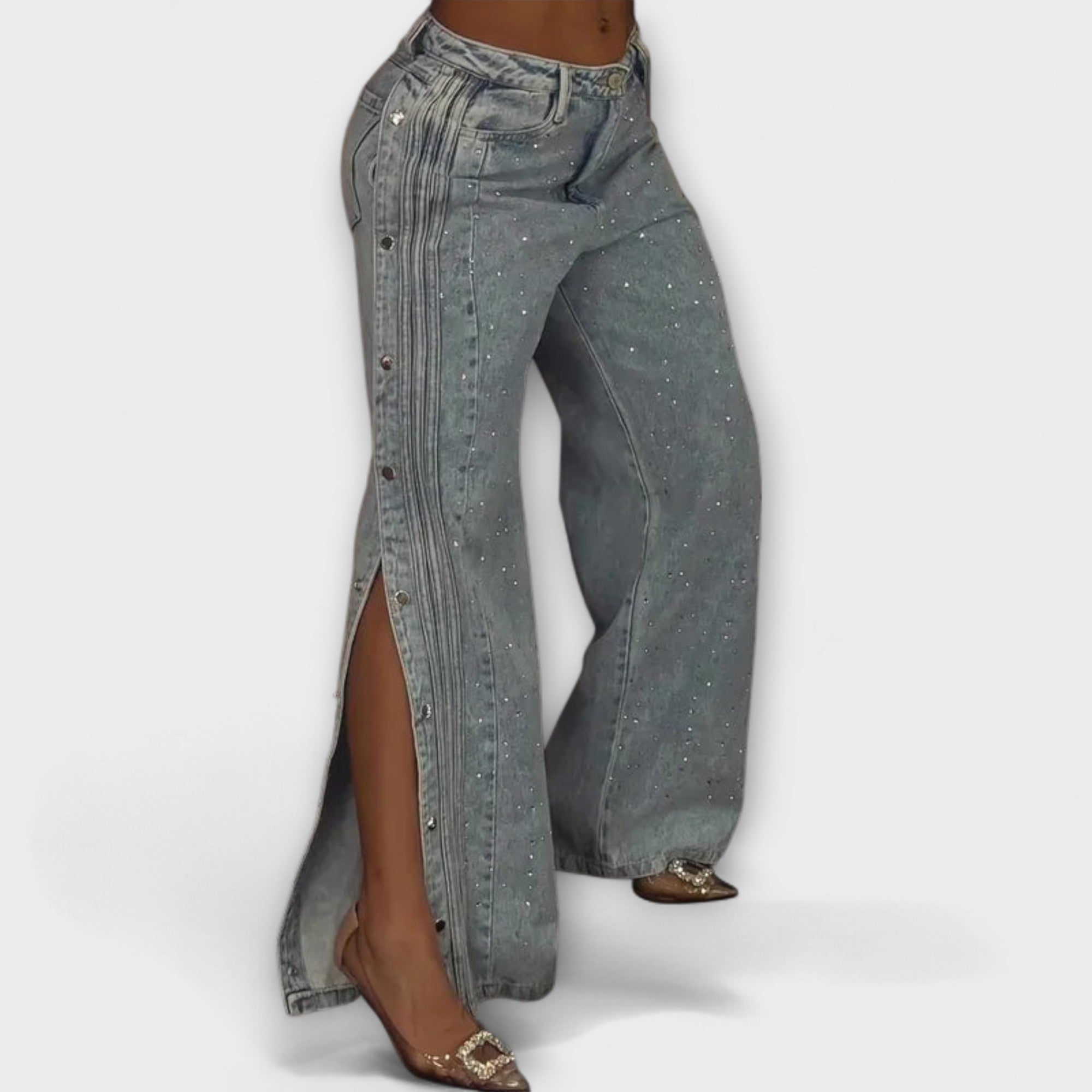 Jeans Damen Hoher Bund Strassverzierung Seitliche Knöpfe Schwarz Hellblau – Nola