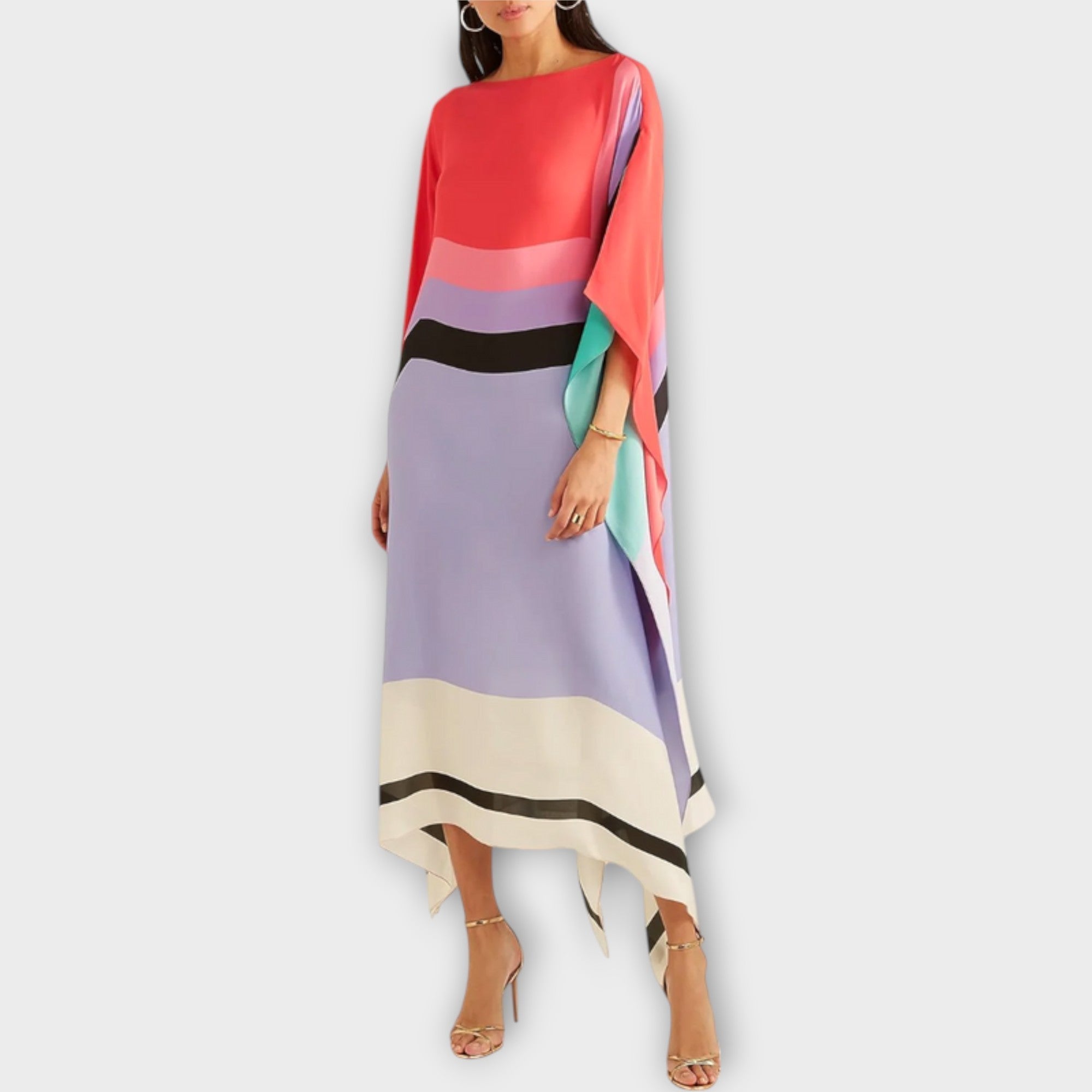 Midikleid Damen Kaftan Geometrisches Muster Lockerer Schnitt Rot Beige Grün