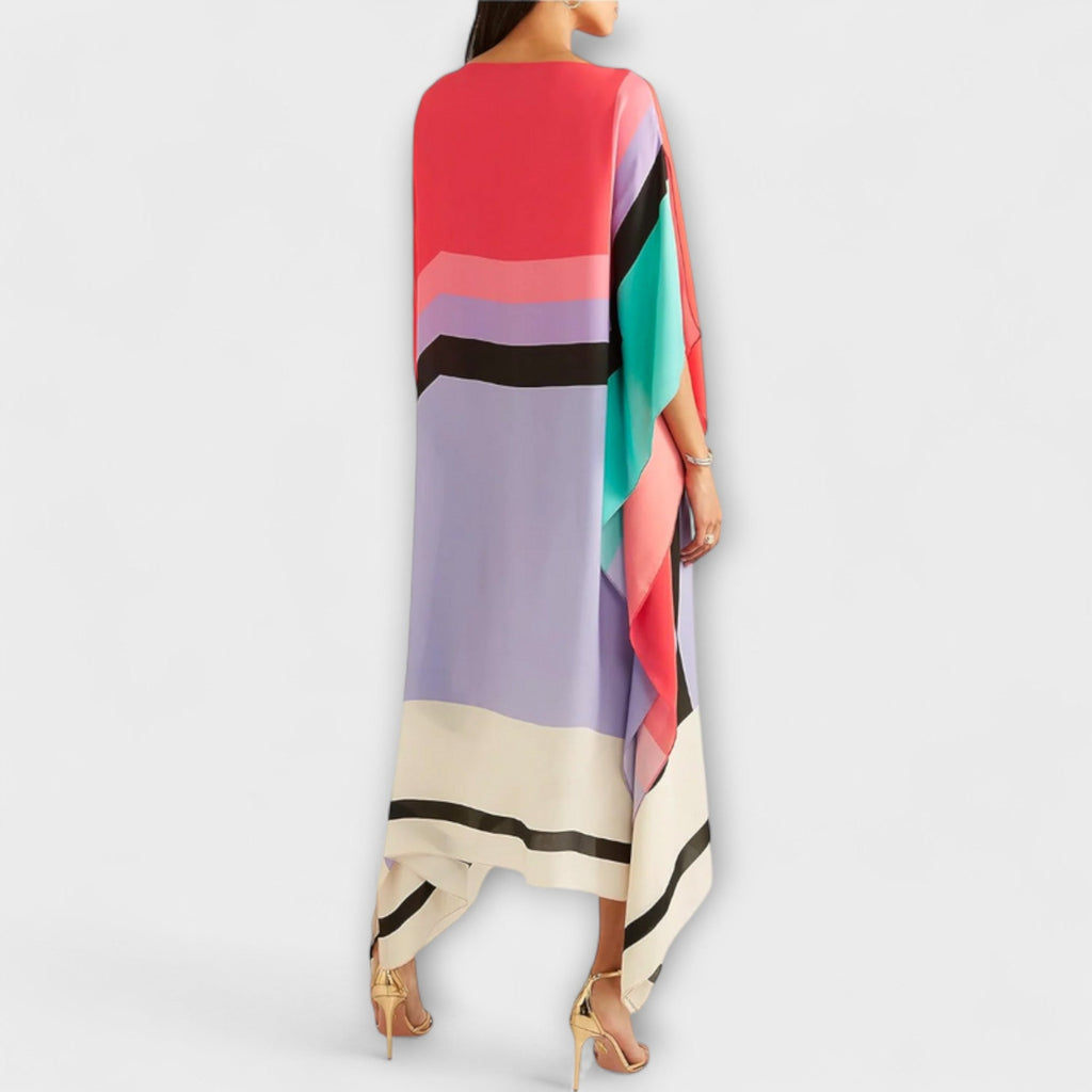 Midikleid Damen Kaftan Geometrisches Muster Lockerer Schnitt Rot Beige Grün