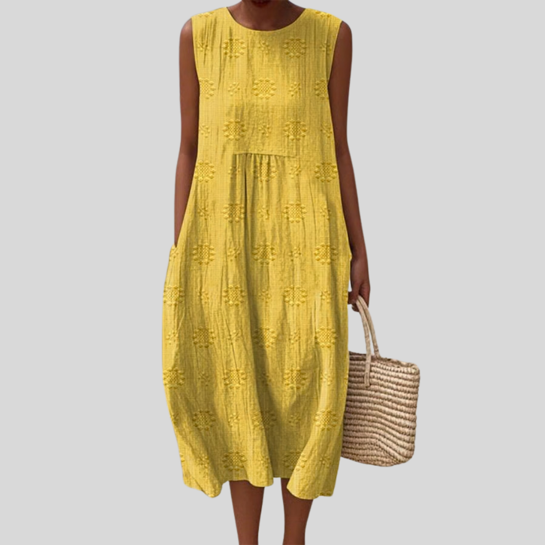 Gelbes Leinenkleid mit V-Ausschnitt