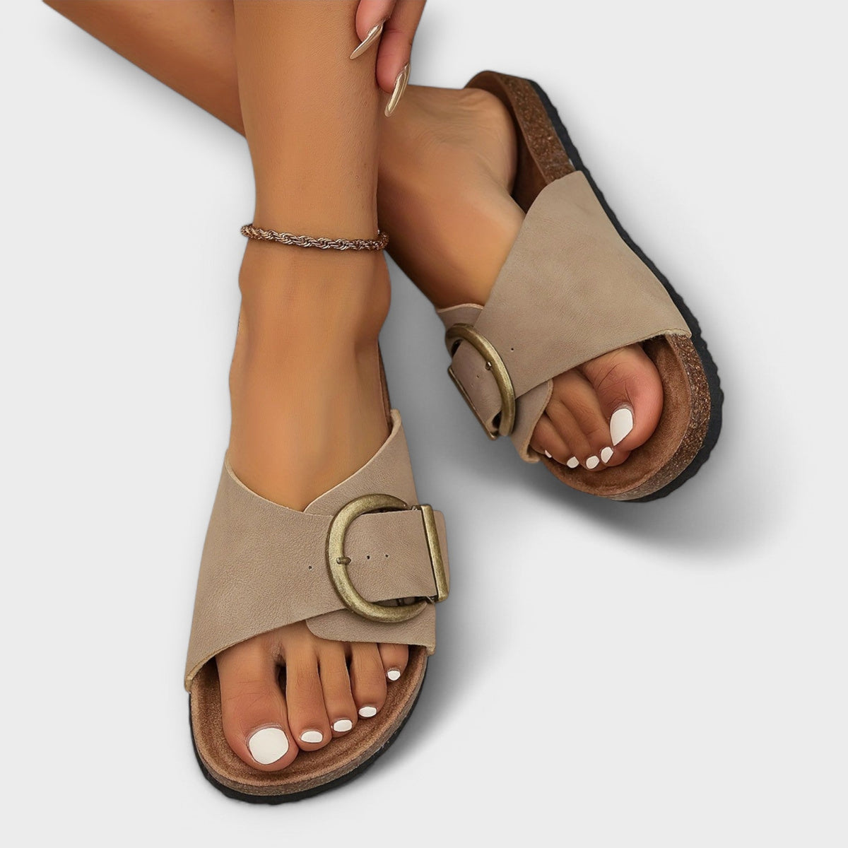 Pantoletten Damen Kork-Fussbett Schnallenriemen Schwarz Khaki – Margie