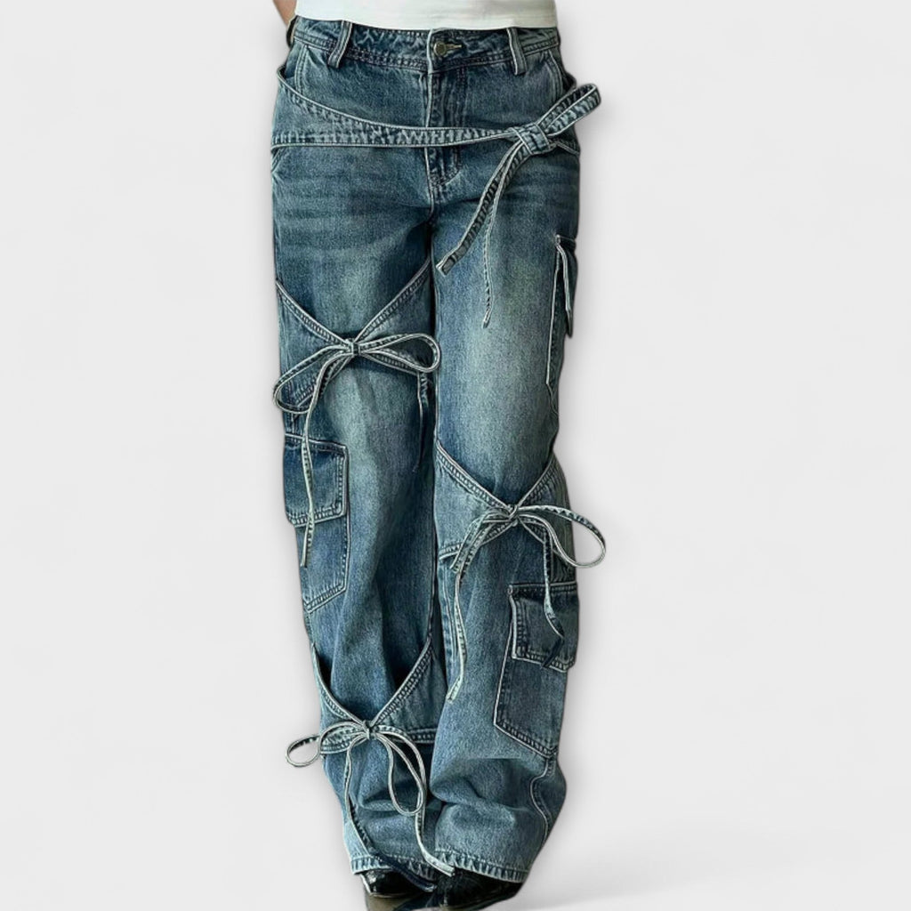 Jeans Damen Cargo Knotendetail Niedriger Bund Denim – Paloma