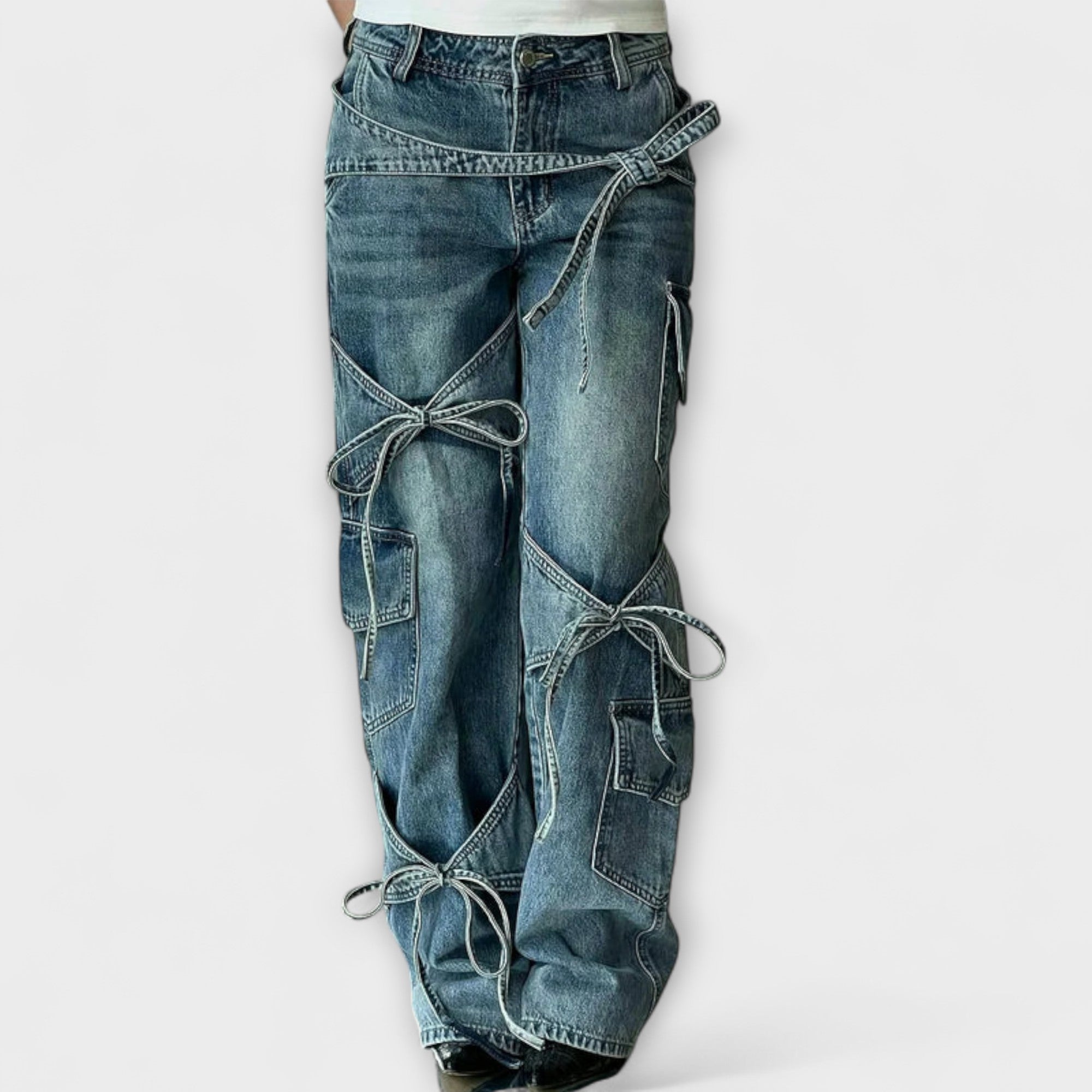Jeans Damen Cargo Knotendetail Niedriger Bund Denim – Paloma