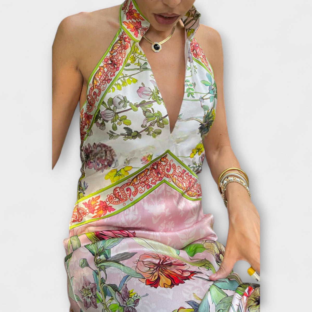 Ayla - Blumenmuster Ärmelloses Offenes Rücken Maxikleid