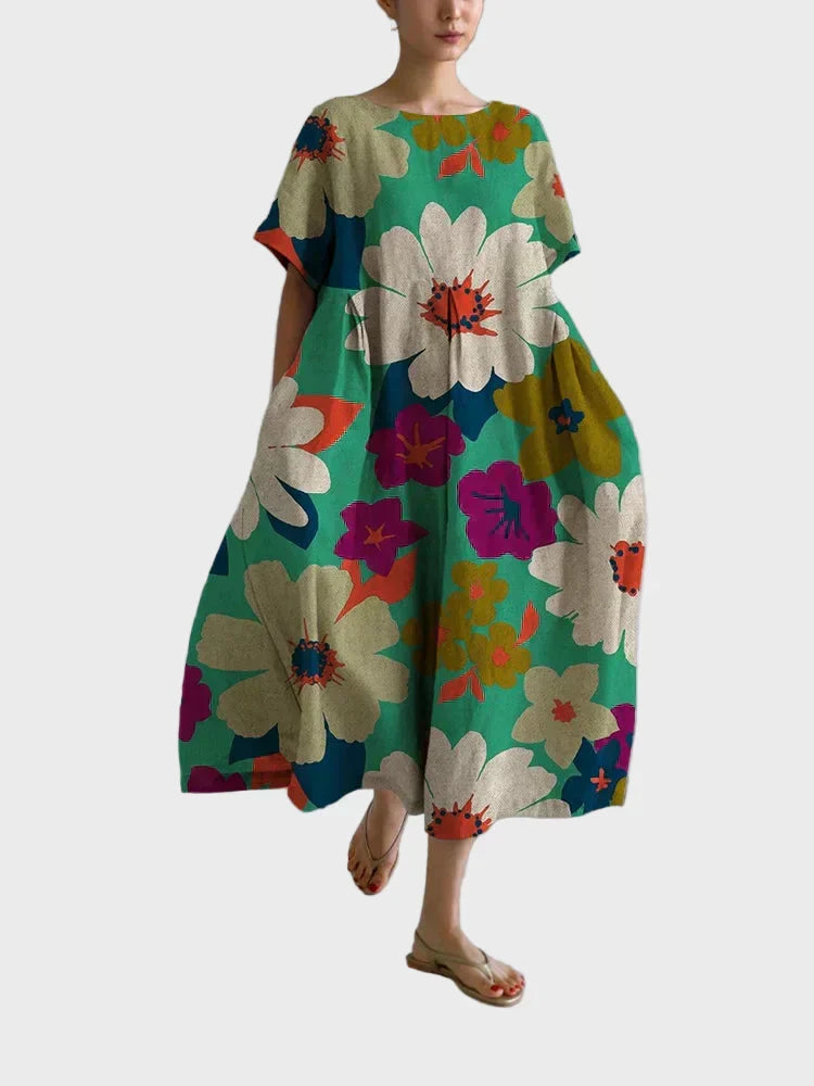 Sommerkleid Damen Grosses Blumenmuster Weiter Schnitt Grün – Blühender Garten