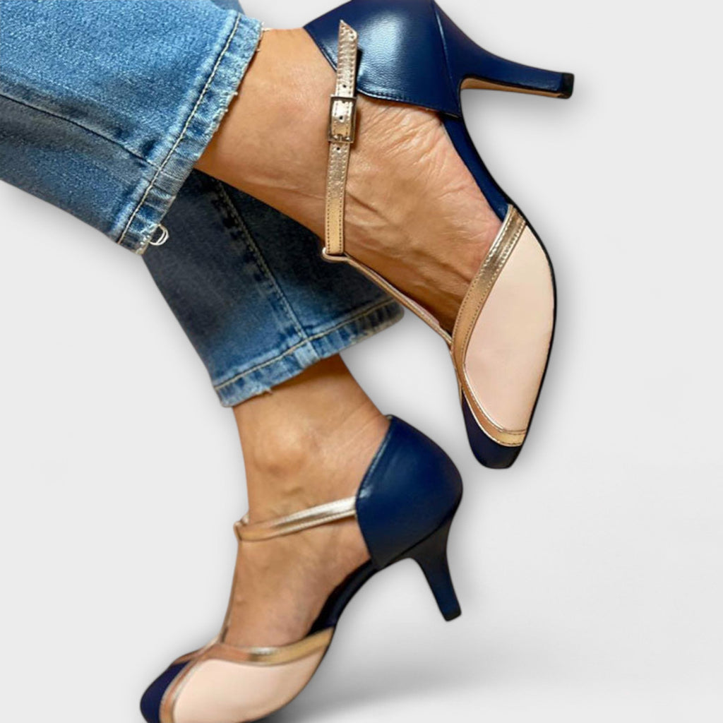 Pumps Damen T-Steg zweifarbig Marineblau Roségold Kunstleder – Alessia
