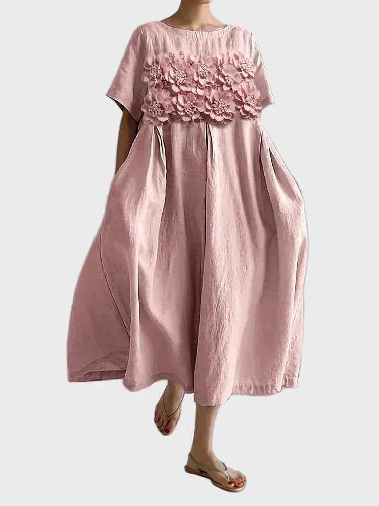 Midikleid Damen 3D-Blumen Lockerer Schnitt Beige Rosa Khaki