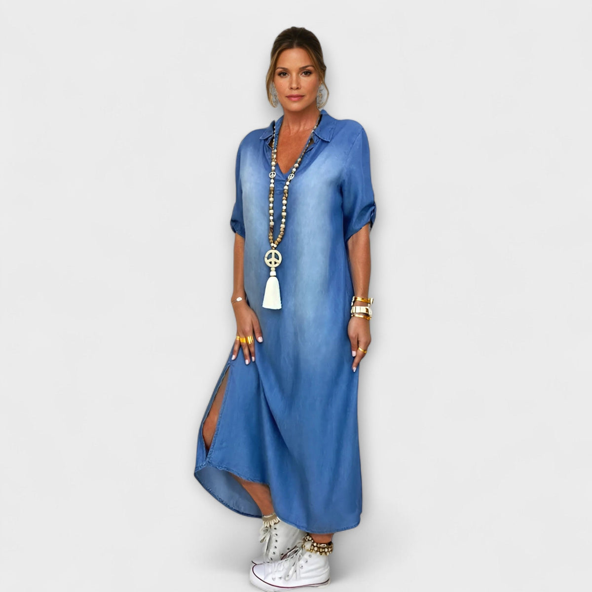 Lea - Langes Denim-Look Kleid mit Seitenschlitz