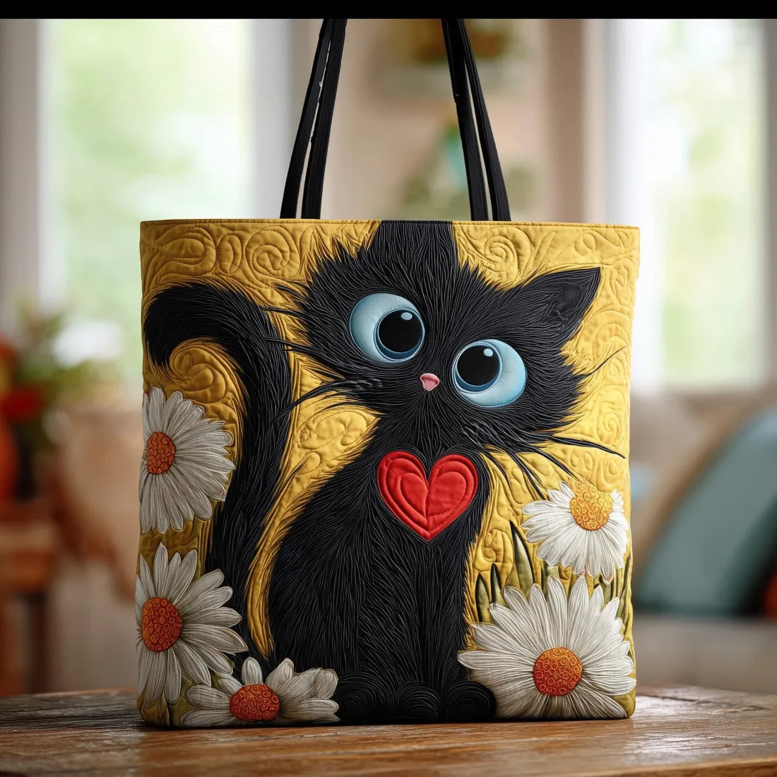 Gesteppte Tasche - Schwarze Katze und Margeriten