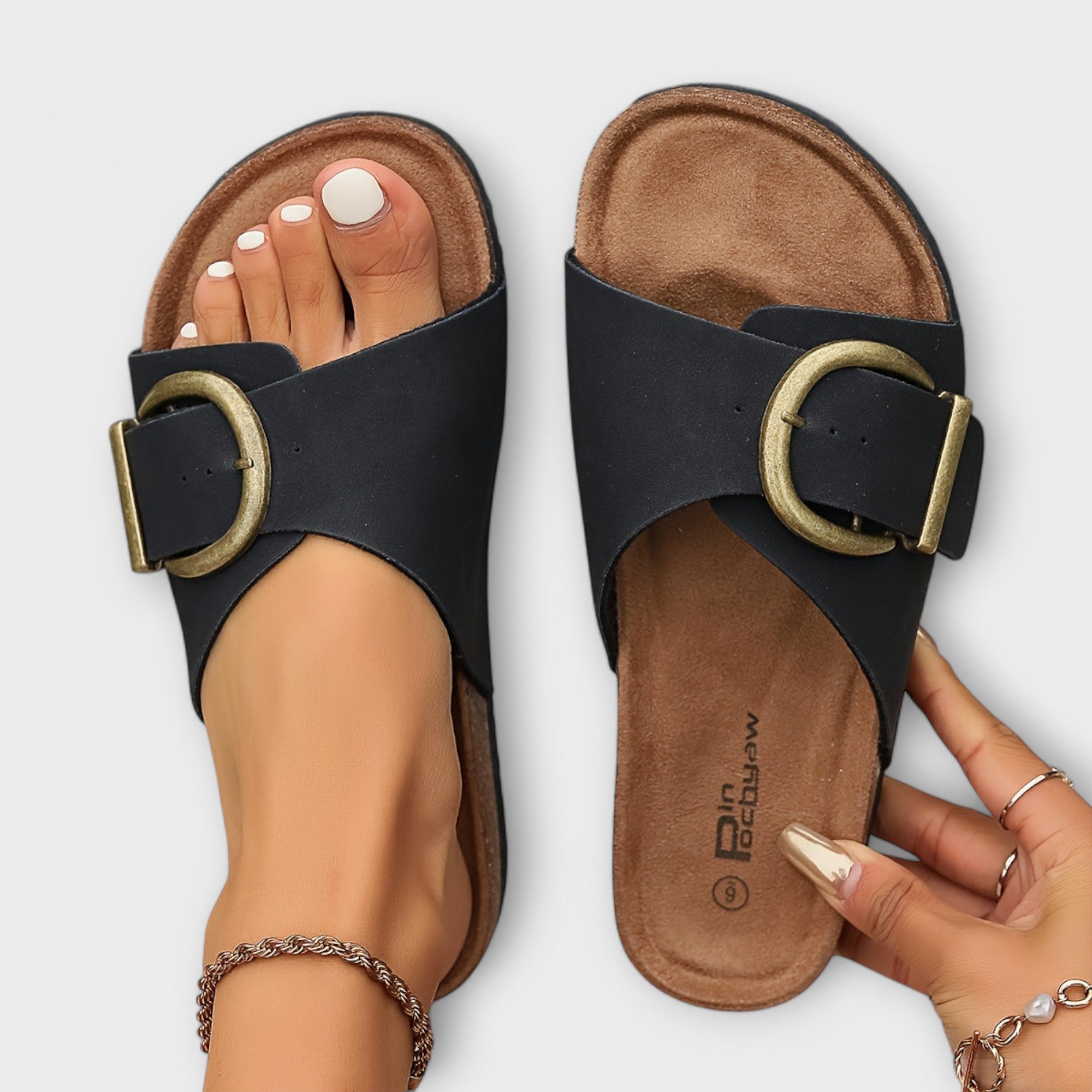 Pantoletten Damen Kork-Fussbett Schnallenriemen Schwarz Khaki – Margie