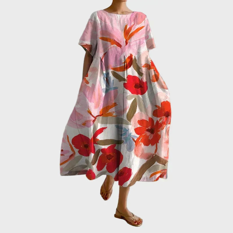 Kleid Damen Blumenmuster Weiter Schnitt Orange Blau Rosa – Tela Florida