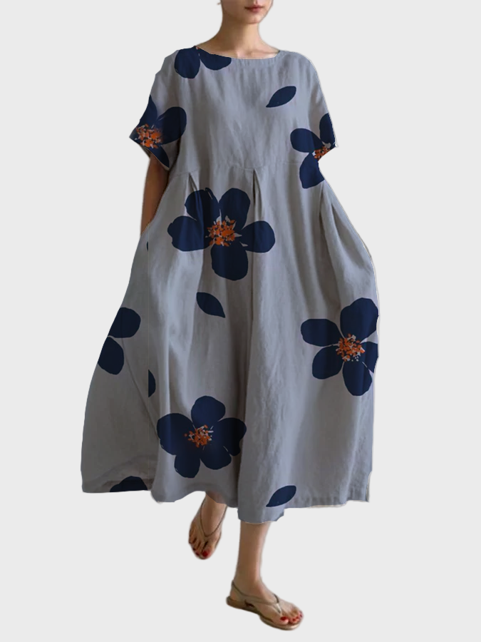 Kleid Damen Blumenmuster Grau Marineblau Weiter Schnitt Leicht
