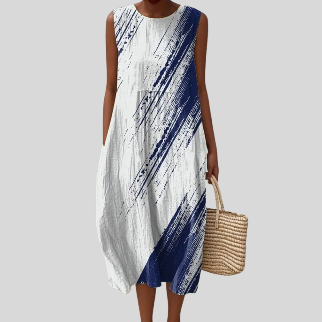 Weiss-blaues Kleid mit Pinselstrich-Muster