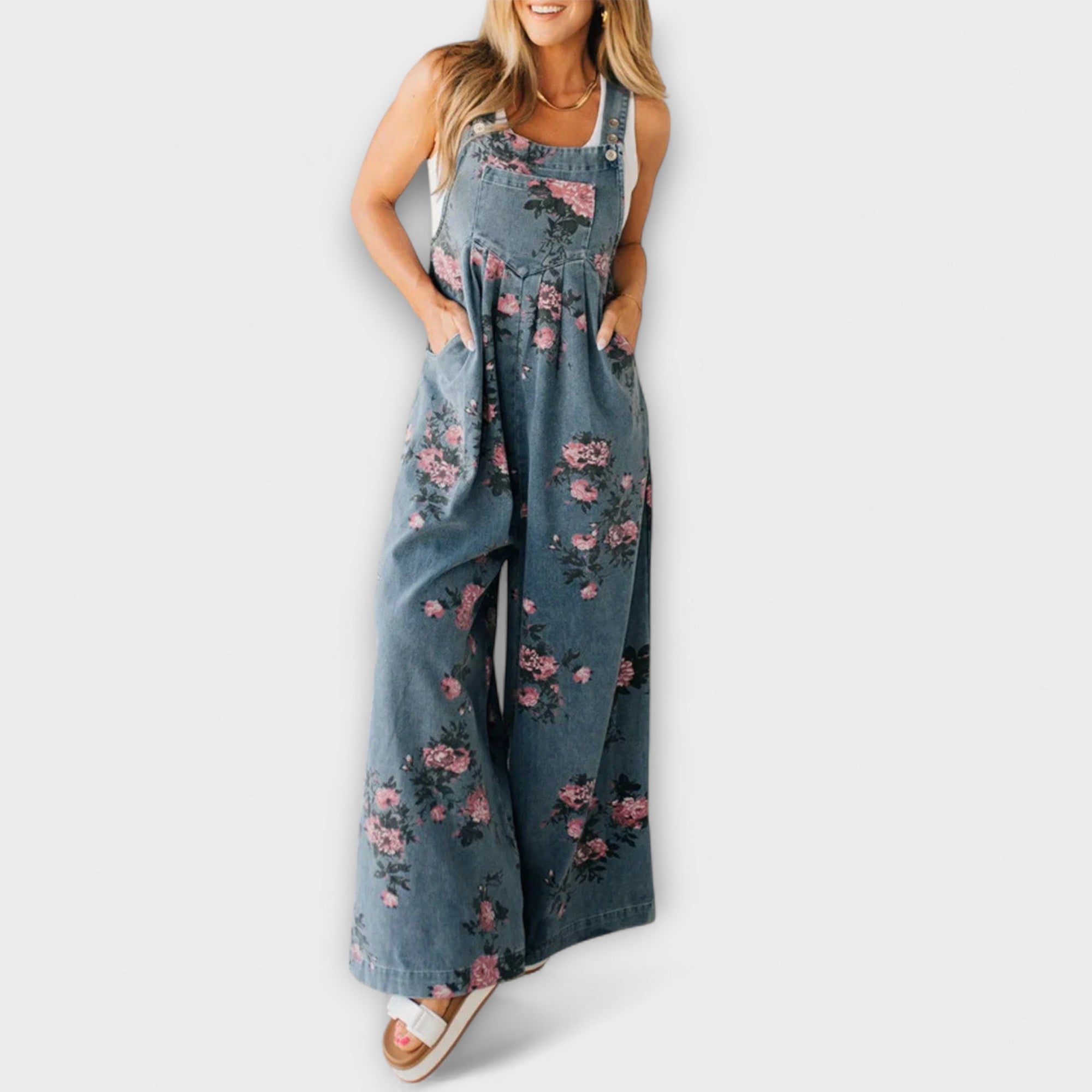 Bethany - Blumenmuster Weite Denim Latzhose