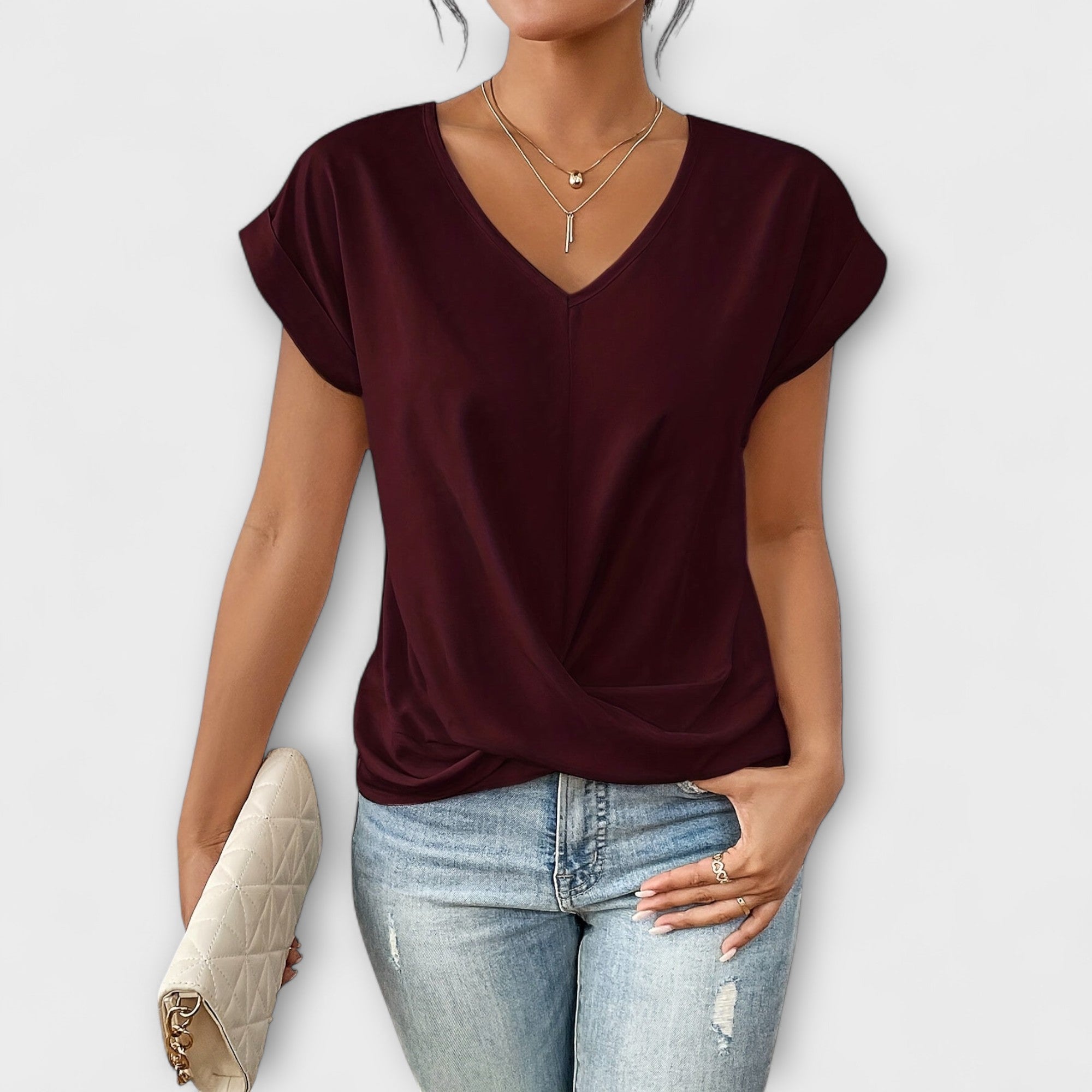 Bluse Damen V-Ausschnitt Knopfdetail Rosa Schwarz Rot Blau – Eloise
