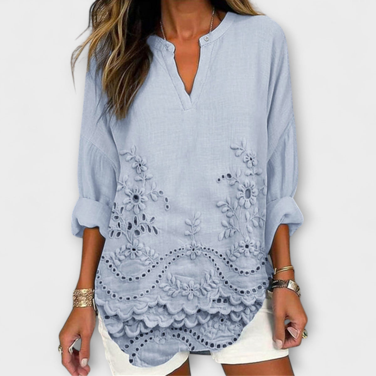 Top Damen Luftig Bedruckt Blau Pink Cremeweiss – Aria
