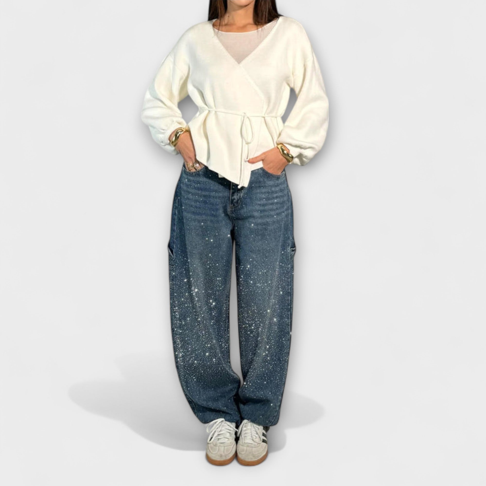 Jeans Damen Ballonschnitt Glanz-Denim Hoher Bund Dunkelblau Hellblau – Fable