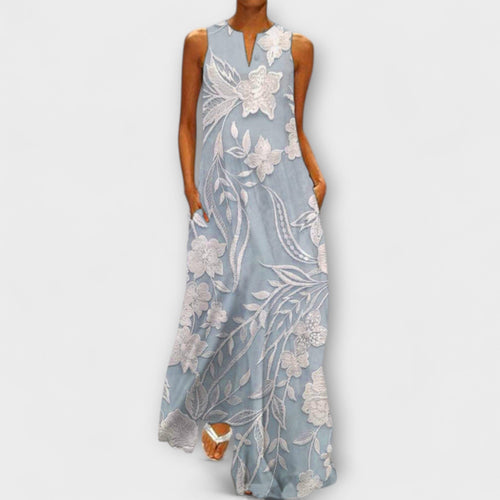 Camila - Weisses botanisches Maxikleid mit Print